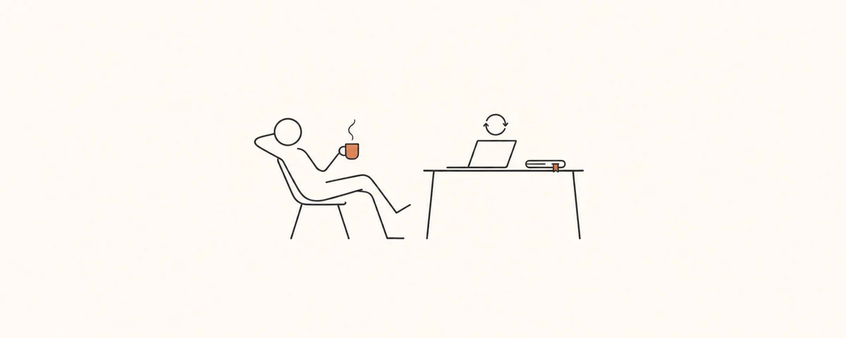 A person holding an orange mug beside a laptop with a loop arrow and a book.