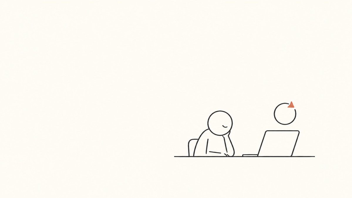 A tired person rests their head on one hand beside a laptop with a loop arrow and warning symbol.