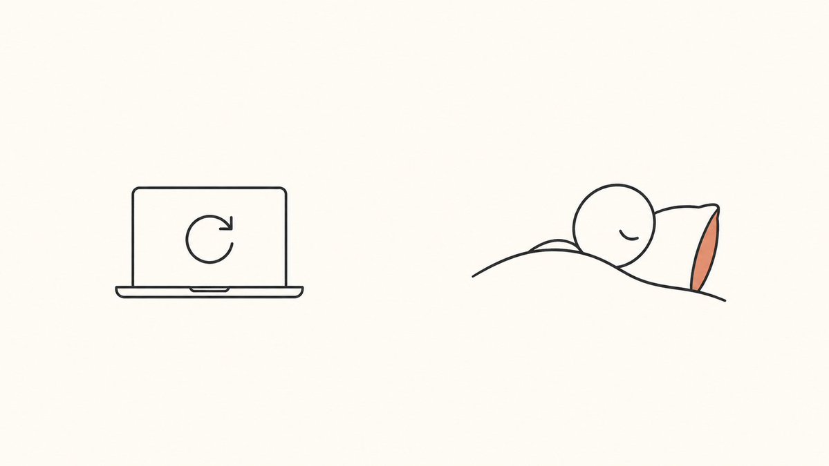 A laptop with a reset arrow beside a person sleeping on an orange pillow.