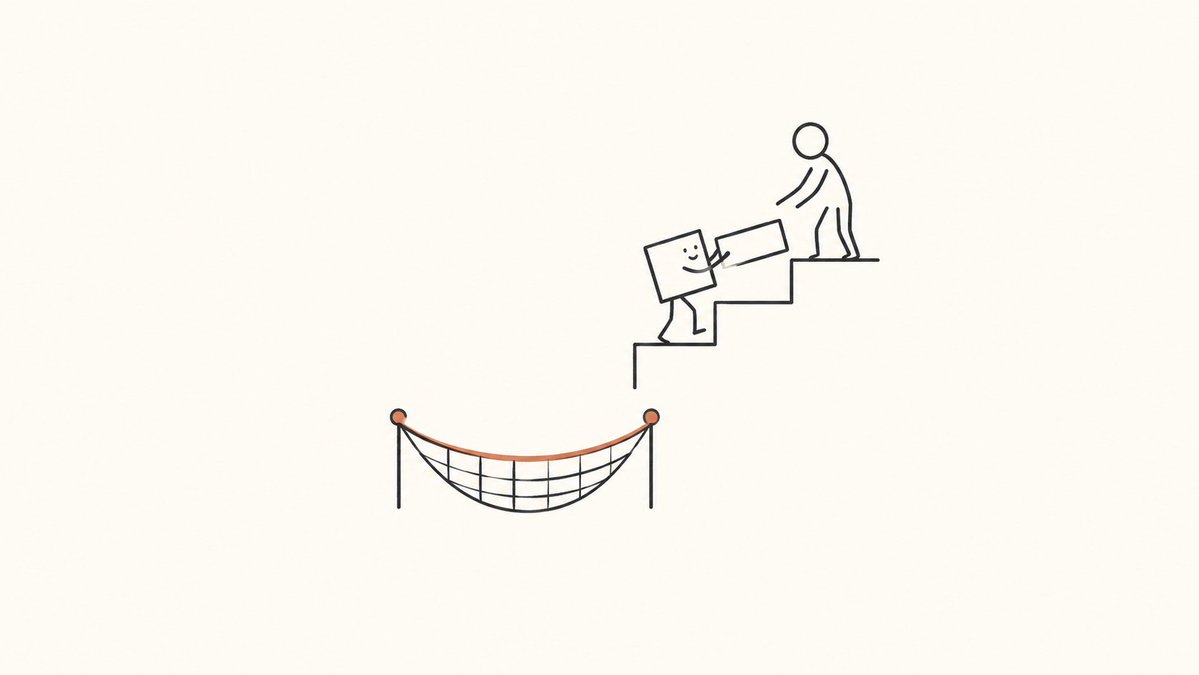 A person helps an agent climb steps above an orange-edged safety net.