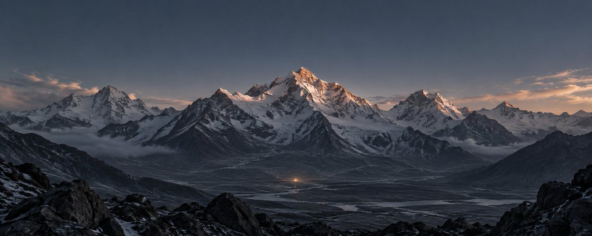 蓝灰色雪山中央有一处温暖的微光。