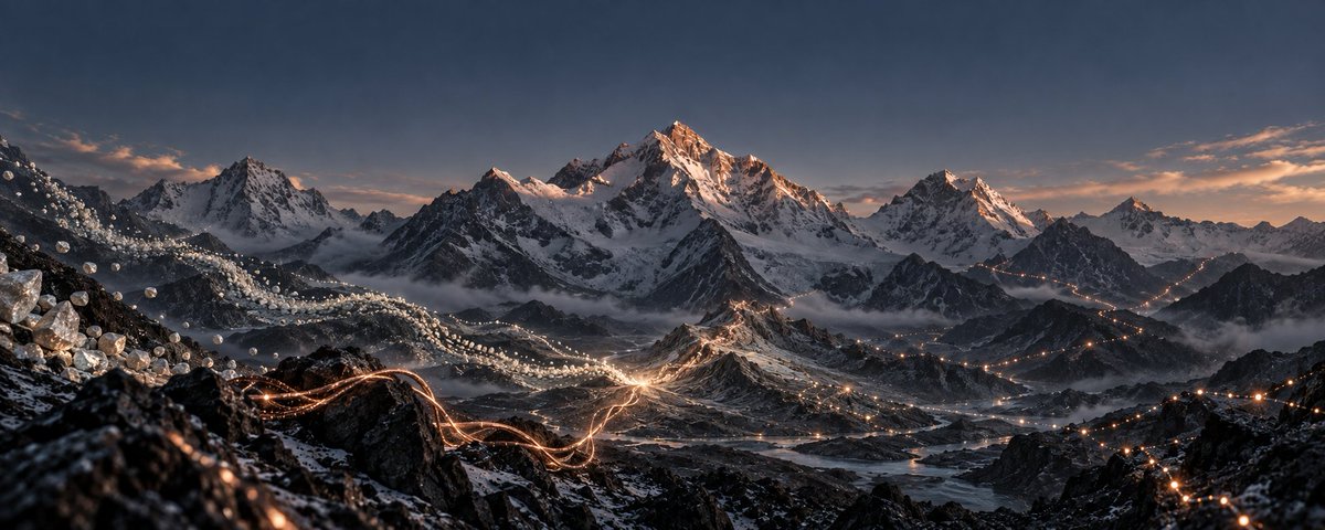 多股发光的信息流从不同方向汇聚于雪山之间。