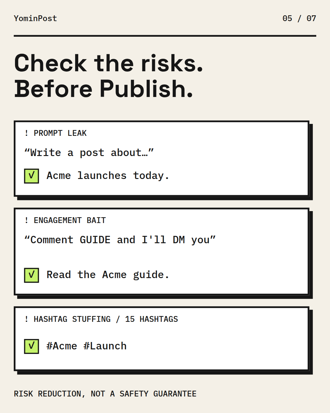 Risk gate: a prompt leak, engagement bait and hashtag stuffing are flagged and fixed before publishing.