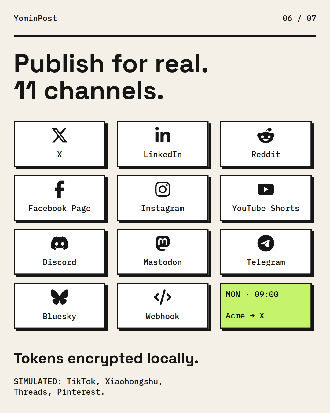 Publish for real to 11 channels with tokens encrypted locally. TikTok, Xiaohongshu, Threads and Pinterest are simulated.